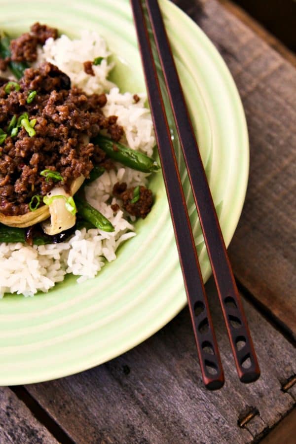 15 Minute Korean Style Beef over rice, roasted ginger sesame green beans, and roasted onions from foodiewithfamily.com