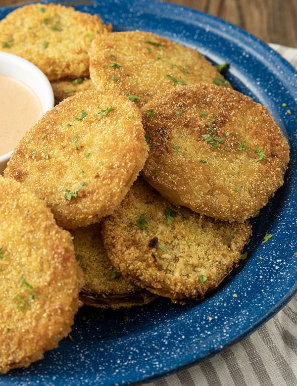 fried green tomatoes stacked on a blue enamel plate with a bowl of dip