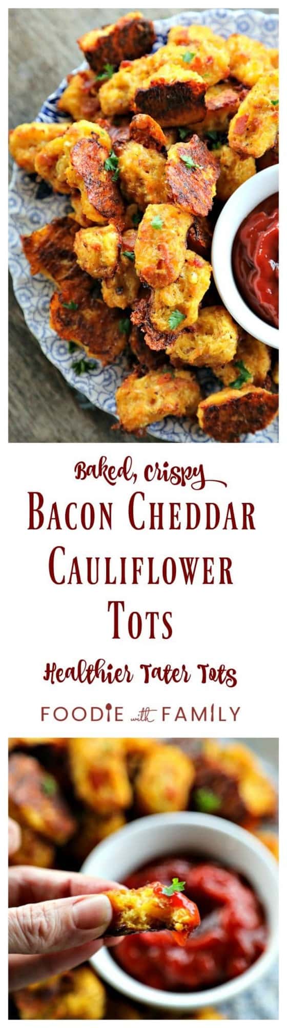 Baked, crispy, Bacon Cheddar Cauliflower Tots {Healthier Tater Tots} are the ultimate in crispy, cheesy perfection. You'd never know they're lower carb than tater tots and honestly, you'd be hard pressed to know they're NOT tater tots. 