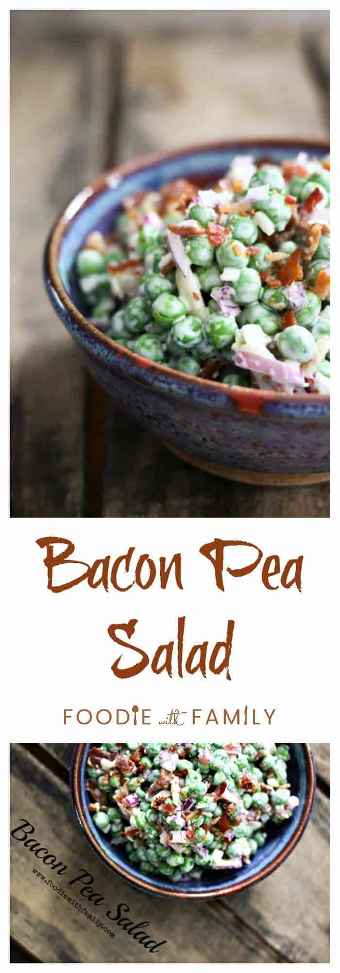 Easy Bacon Pea Salad with Cheddar Cheese. Perfect for Easter or any time! www.foodiewithfamily.com