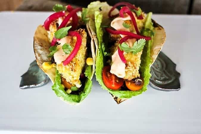 Quick Pickled Red Onions on Baked Ranch Fish Tacos