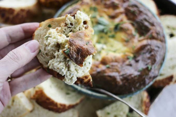 Baked Ricotta Appetizer: This rich, savoury, warm cheese dip with a light, airy, souffle-like texture can't be beat for any occasion!