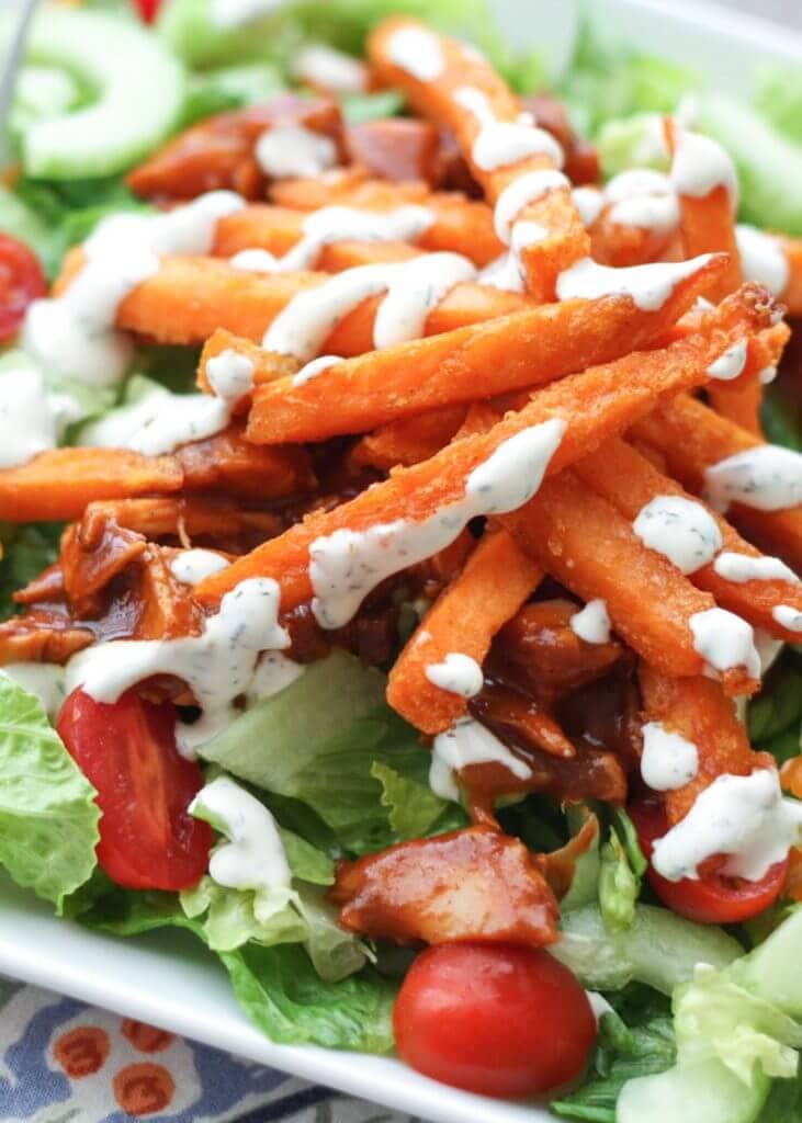 BBQ Chicken Salad with Sweet Potato Fries {Barefeet in the Kitchen}