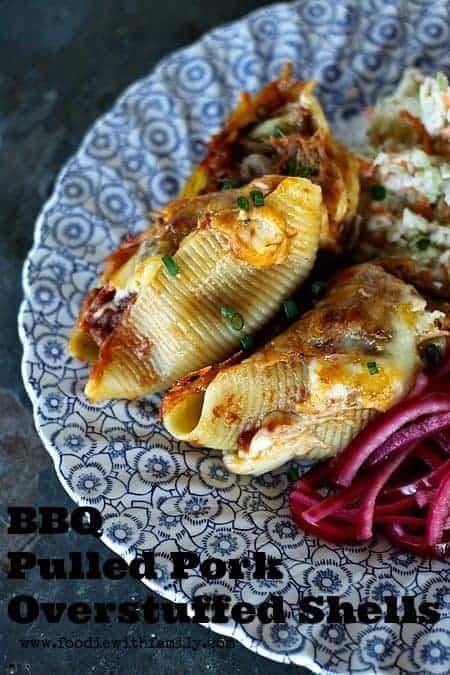 BBQ Pulled Pork Overstuffed Shells foodiewithfamily.com #pasta #familyfriendly