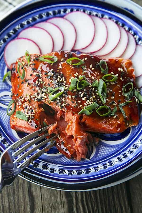 Glazed Salmon with sesame seeds and green onions, radishes, on a blue and white plate