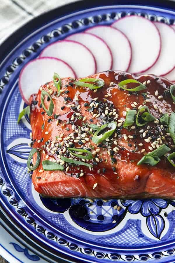 Glazed Salmon with sesame seeds and green onions, radishes, on a blue and white plate