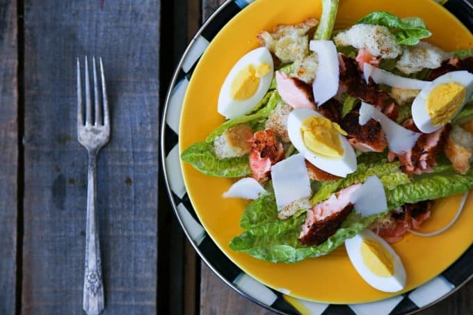 Blackened Salmon Caesar Salad with Torn Croutons from foodiewithfamily.com