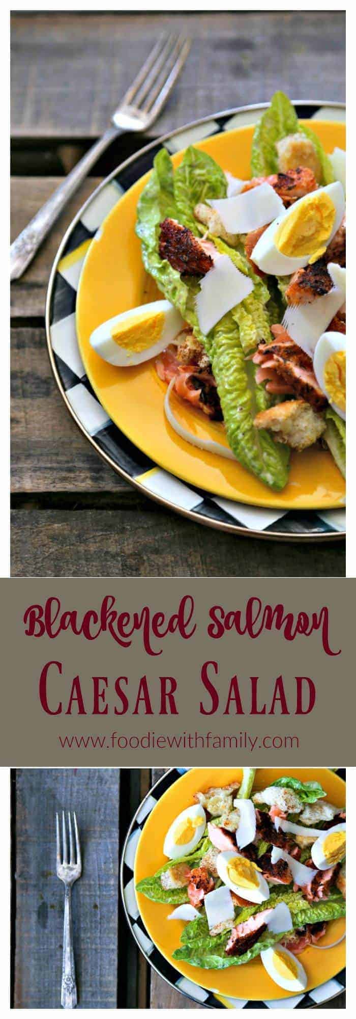 Simple, fresh, and filling main dish salad for spring! Blackened Salmon Caesar Salad with torn croutons, hard boiled egg, homemade dressing, and flaked blackened salmon gives the traditional Caesar salad a flavourful facelift!