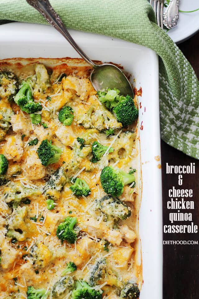 Broccoli and Cheese Chicken Quinoa Casserole {Diethood}