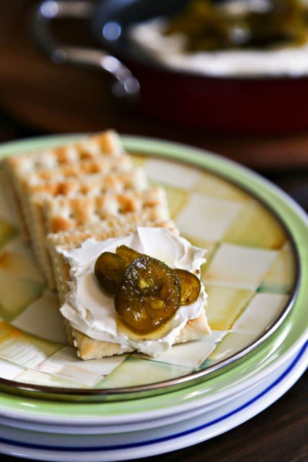 Candied Jalapenos on cream cheese and crackers from foodiewithfamily.com