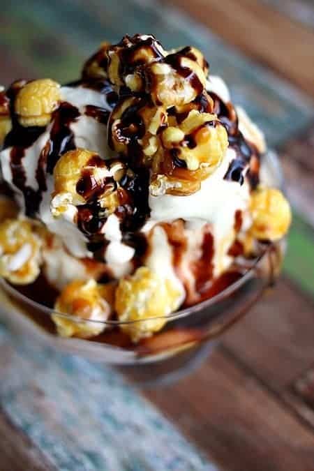 Caramel Corn Ice Cream Sundae, hot fudge, caramel sauce, chocolate sauce, whipped cream