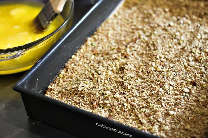 Ground nut and sugar mixture for Cardamom Pistachio Baklava from foodiewithfamily.com