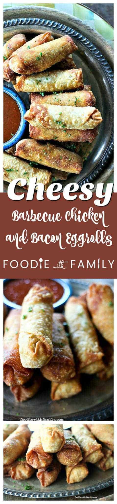 Crunchy egg roll wrappers around a cheesy, bacon studded, barbecue chicken filling will keep you wanting more Cheesy Barbecue Chicken and Bacon Egg Rolls!