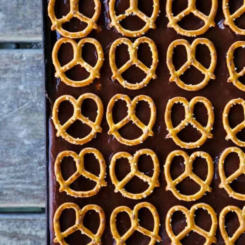 Chocolate Pretzel Sheet Cake from foodiewithfamily.com