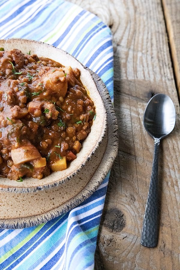 Chorizo Chili is hearty, spicy, slow-simmered chorizo in smoky tomato sauce with tender potatoes, carrots, and lentils. This is serious comfort food!