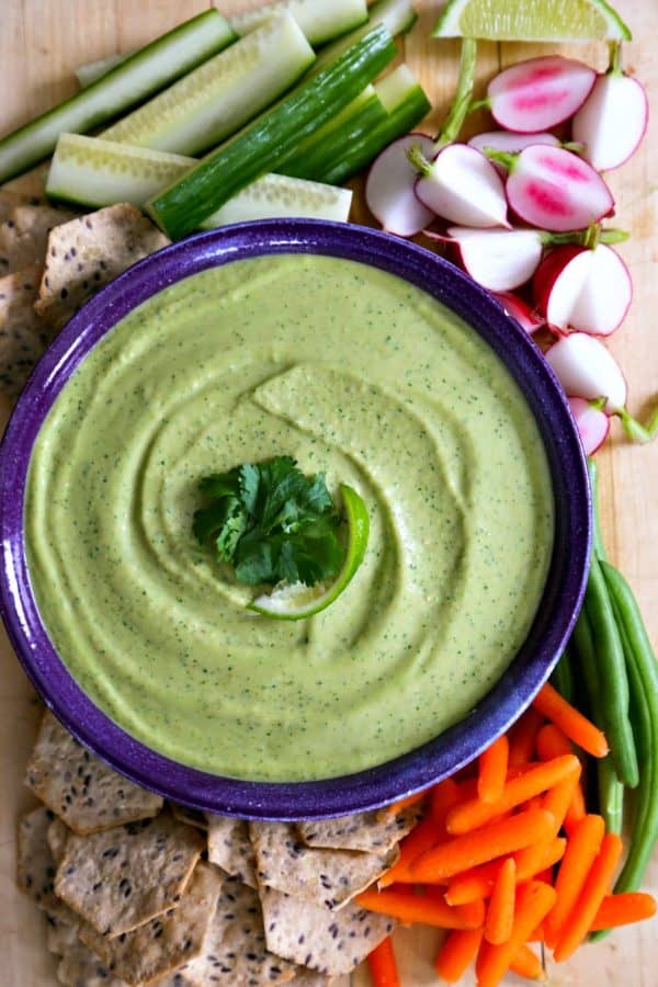 Cilantro Jalapeno Hummus for dipping and sandwich spread from foodiewithfamily.com