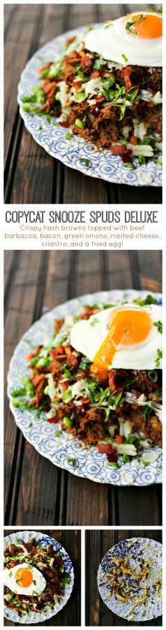 Copycat Snooze Spuds Deluxe: hash browns with cheese and meat and a fried egg