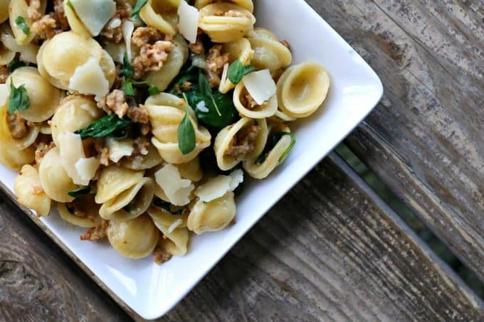 Creamy Spinach Sausage Pasta is a perfect, fast, weeknight meal that is good enough to serve to company.