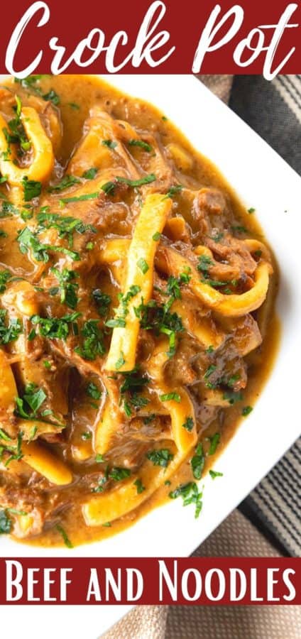 crock pot beef and noodles in a white square bowl on linens