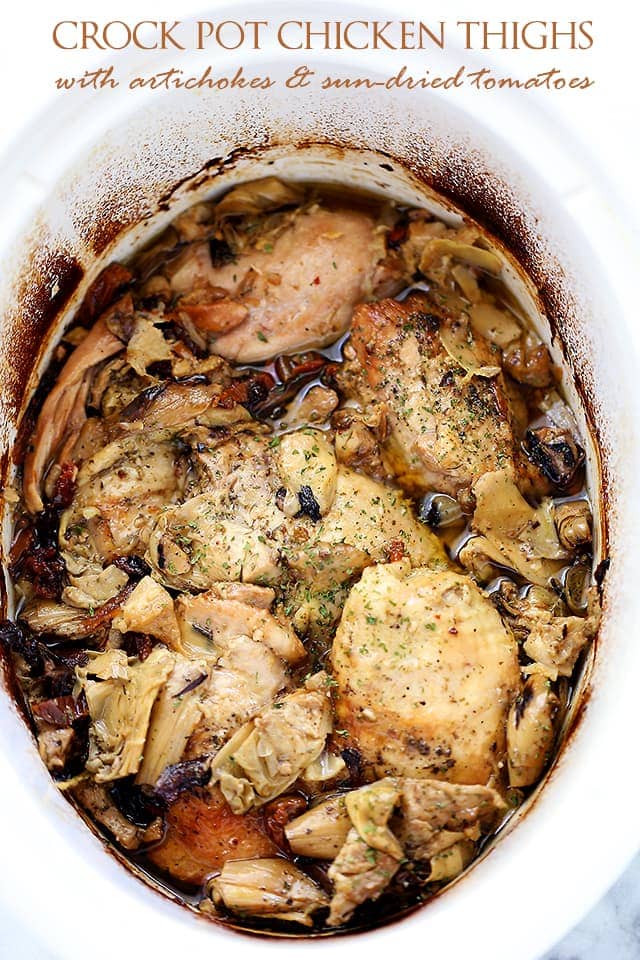 Crock Pot Chicken Thighs with Artichokes {Diethood}