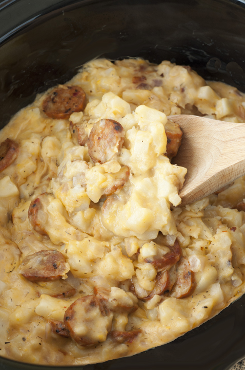 Crock Pot Cheesy Chicken Sausage Hash Brown Casserole {Wishes & Dishes}