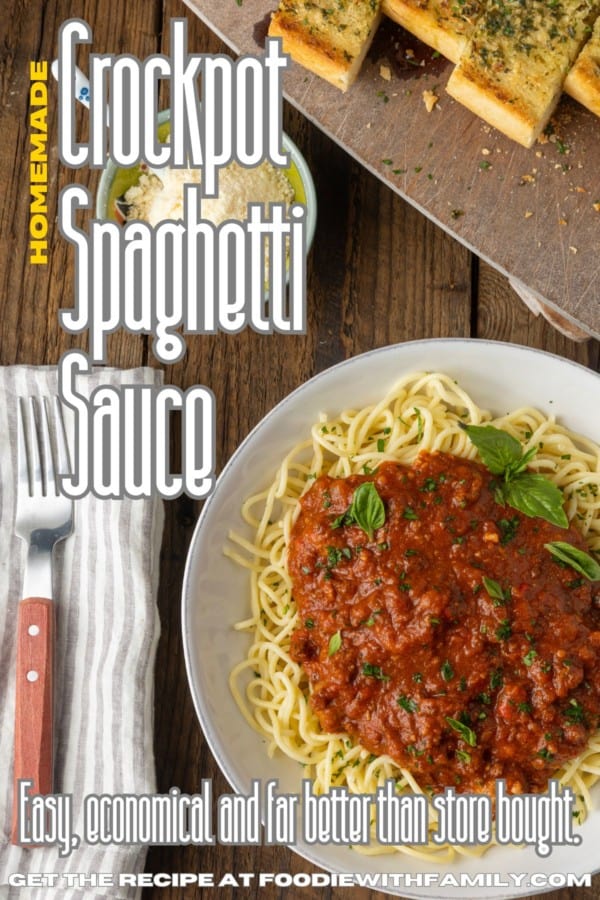 spaghetti sauce on spagetti on a plate topped by fresh herbs with a napkin and fork on the left and a descriptive text overlay