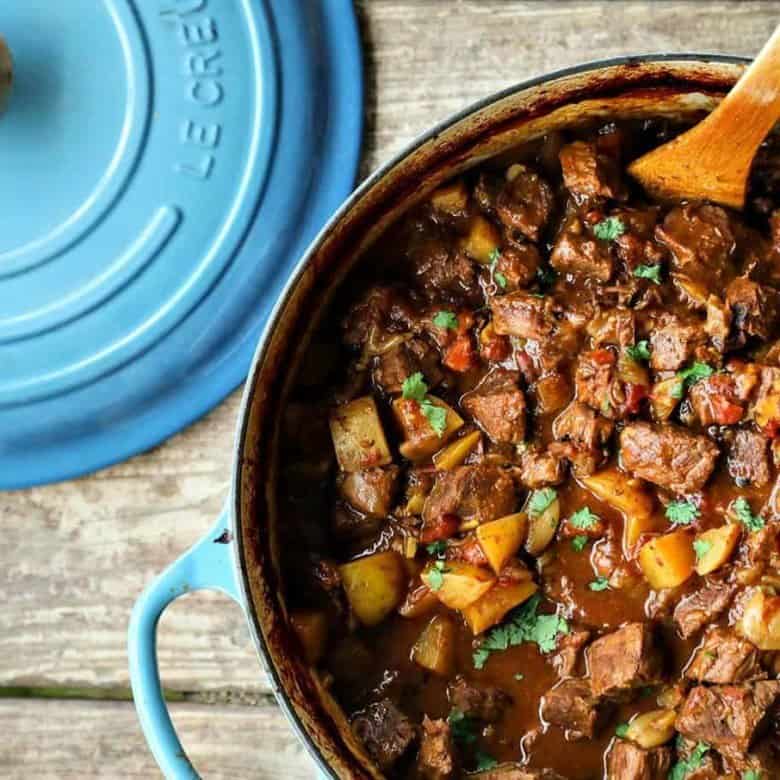 Curried Beef Oven Stew is filled with tender beef cubes, potatoes, carrots, & onions slow-cooked in a flavourful gravy made with soul-warming curry spices.