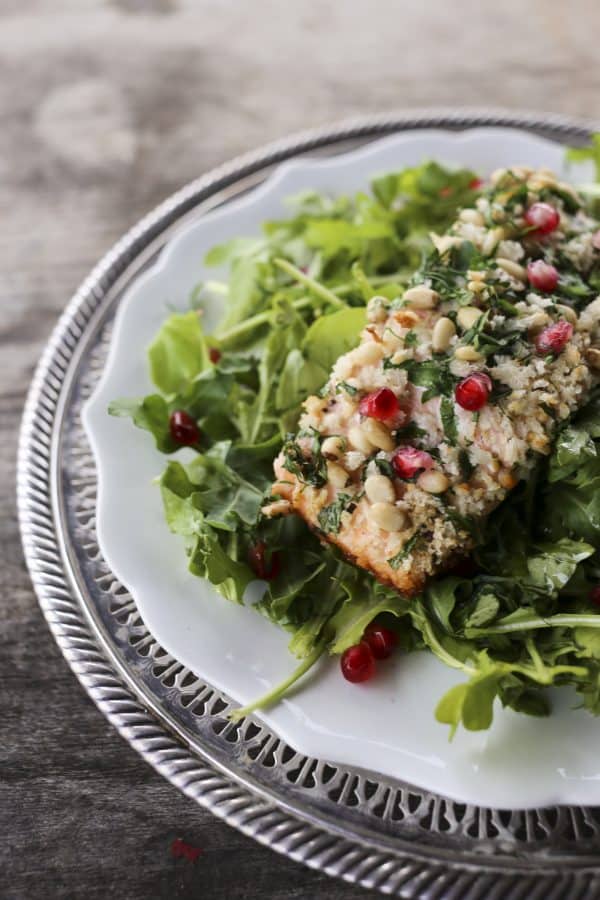 This simple and stunning Crispy Skin Salmon with Pine Nut and Parsey Crust is a showstopper of a main dish or a beautiful part of any Feast of the Seven Fishes and pairs equally well with red or white wine. #sponsored