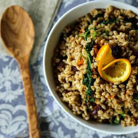 Garlicky Farro Salad with Kale, dried cherries, and orange from foodiewithfamily.com