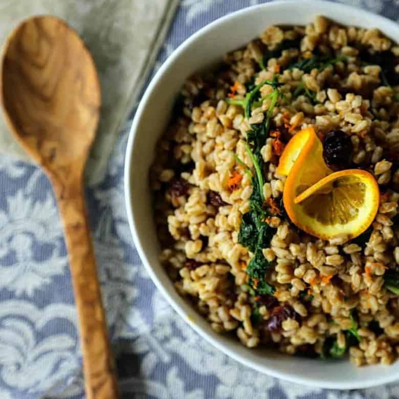 Garlicky Farro Salad with Kale, dried cherries, and orange from foodiewithfamily.com