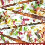 Flammekueche, tarte Flambée, or flammkuchen is a fast and easy bacon and onion pizza type flatbread made with crème fraîche or sour cream.