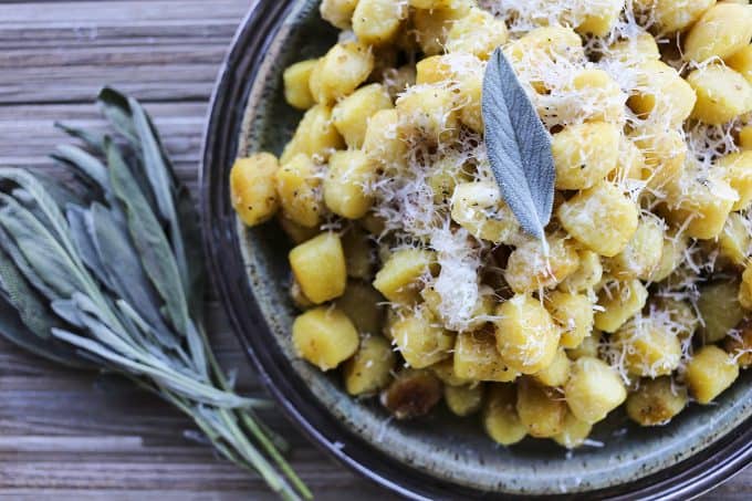 Amazingly easy and comforting Garlic Butter Gnocchi with sage and Parmesan cheese.