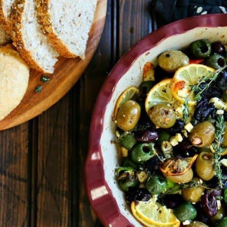 Garlic Roasted Olives with lemon, thyme, feta, and peppers from foodiewithfamily.com