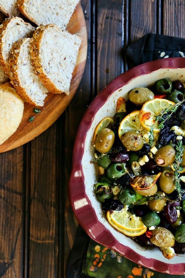 Garlic Roasted Olives with lemon, thyme, feta, and peppers from foodiewithfamily.com