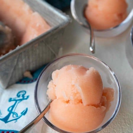 Crisp, refreshing, smooth and silky in texture, this grapefruit sorbet makes a great dessert by itself or cocktail when doused with a shot of gin or vodka.