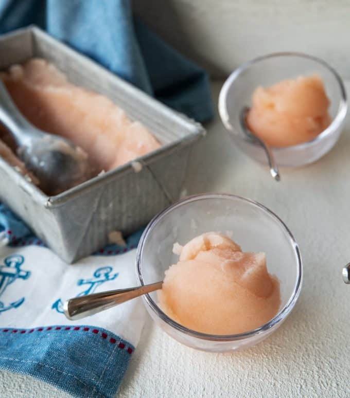 Crisp, refreshing, smooth and silky in texture, this grapefruit sorbet makes a great dessert by itself or cocktail when doused with a shot of gin or vodka.