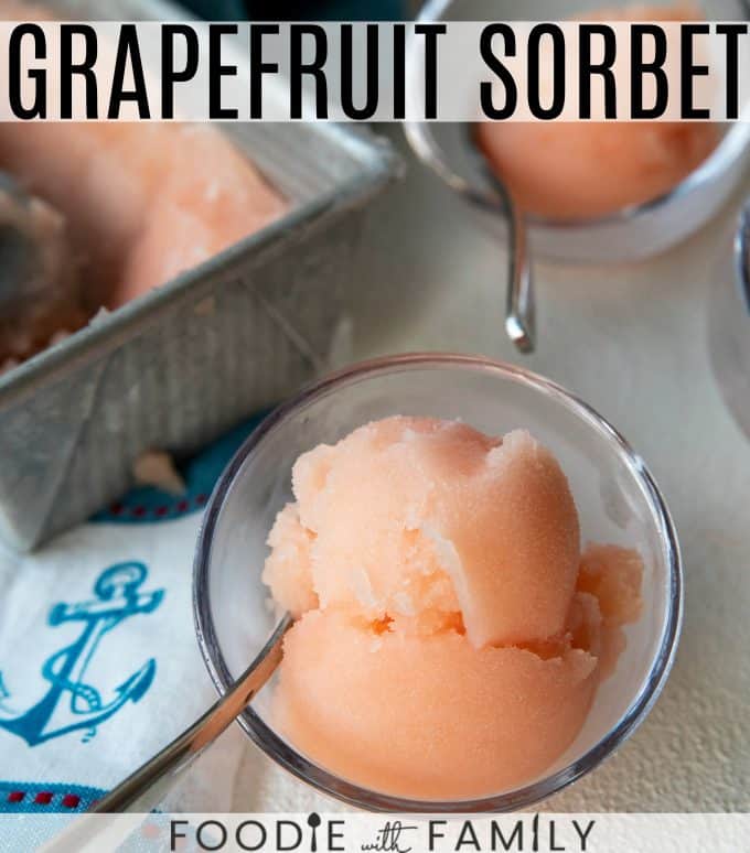 Crisp, refreshing, smooth and silky in texture, this grapefruit sorbet makes a great dessert by itself or cocktail when doused with a shot of gin or vodka.