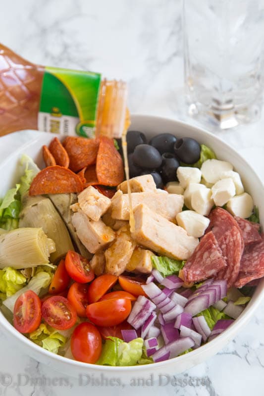 Grilled Chicken Antipasto Salad - An easy salad that comes together in minutes thanks to Tyson Chicken and Wishbone Italian Dressing.