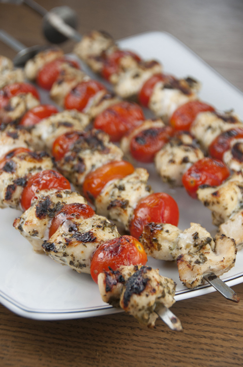 Grilled Pesto Chicken and Tomato Kebobs {Wishes & Dishes}