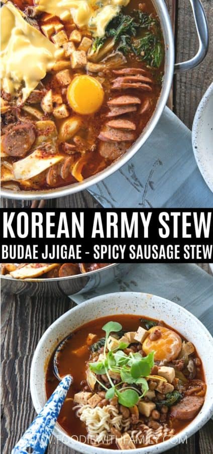 Korean Army Stew or Budae Jjigae in a pan and in a bowl with a blue linen