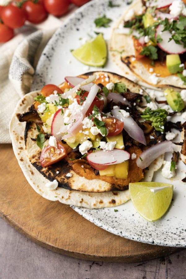 Crispy Mushroom Tacos with Mashed Spicy Sweet Potatoes