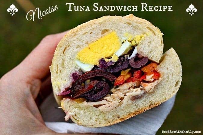 Nicoise Tuna Sandwich Recipe olives, peppers, albacore tuna, hardboiled eggs, albacore tuna, baguette. foodiewithfamily.com