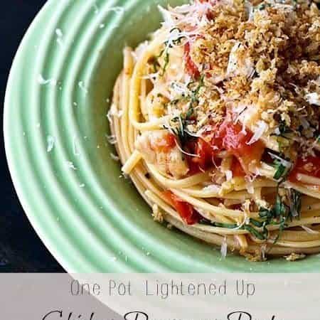 One Pot Lightened Up Chicken Parmesan Pasta #pasta #light foodiewithfamily.com #Healthy #OnePotMeal