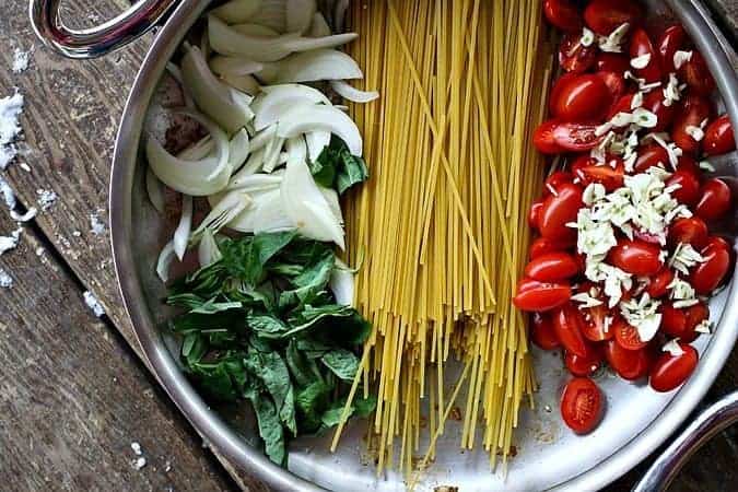 One Pot Lightened Up Chicken Parmesan Pasta #pasta #light foodiewithfamily.com #OnePotMeal