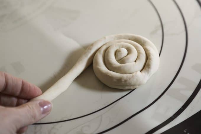 soft pretzel roll dough, coil dough, silicone mat