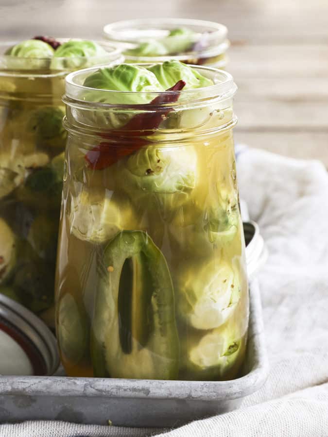 Pickled Brussels Sprouts are garlicky, tangy, crisp-tender, pickled orbs that are delicious as a snack or on a charcuterie board.