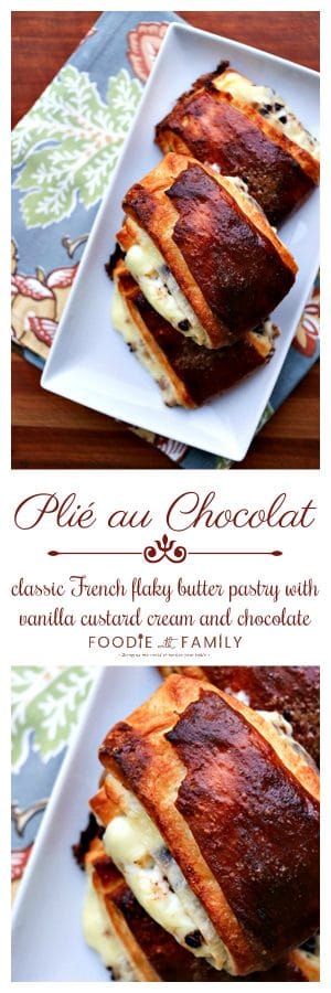 Plié Au Chocolat: buttery puff pastry spread on one side with pastry cream & miniature chocolate chips, then folded, & baked to flaky, mahogany perfection.