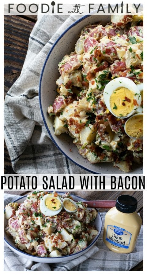 This next level potato salad has a full pound of crispy bacon, a creamy dressing with a hint of Dijon mustard, fresh herbs, hard boiled eggs, and tender potatoes. It's sure to be your new favourite potato salad for grilling and picnic season.