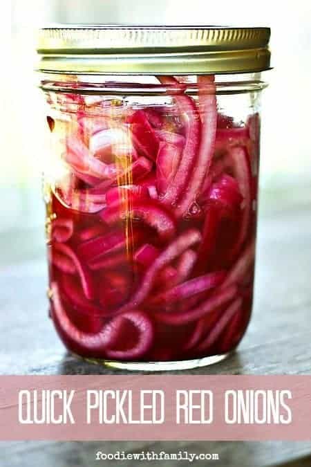 Quick Pickled Red Onions for fast flavour and ZING on sandwiches, salads, antipasto and charcuterie plates, and more!  from foodiewithfamily.com