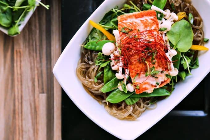 Salmon + Greens Asian Noodle Bowls from foodiewithfamily.com with glass noodles